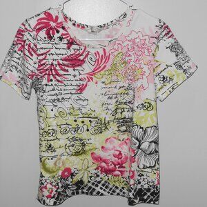 Christopher & Banks White Petite Short Sleeve Round Neck Floral Words T-Shirt-PM